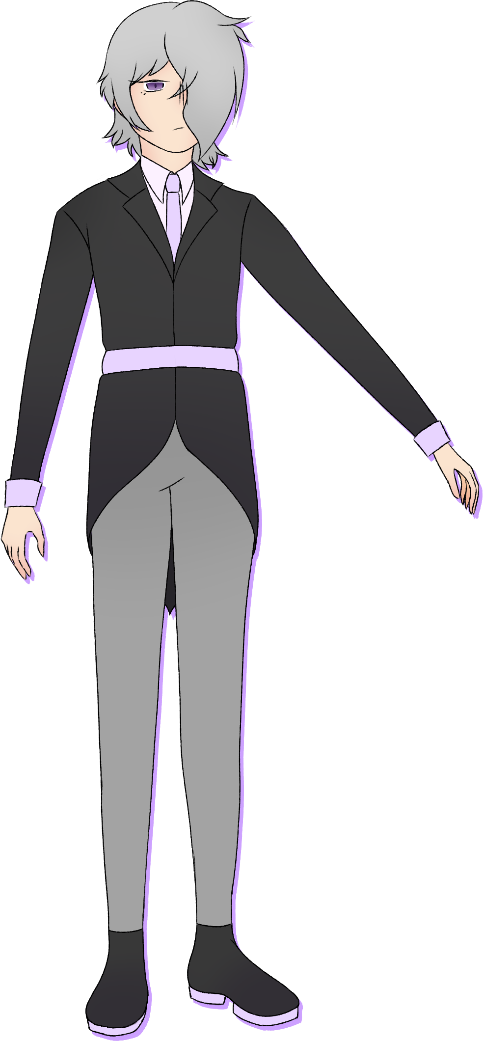 Fullbody art of M1K0, or Miko in his Standard Earl Grey Outfit. He is a teenage boy with silver hair, his bangs cover his left eye reaching below his chin. he wears a dark grey suit with a lavender sash around it. he has a light purple dress shirt and a lavender tie, same colour as the sash, on underneath his suit. his pants are a medium grey, and his shoes are ankle height being the same colour as his suit. The heels of his shoes are the same lavender as his sash and tie.